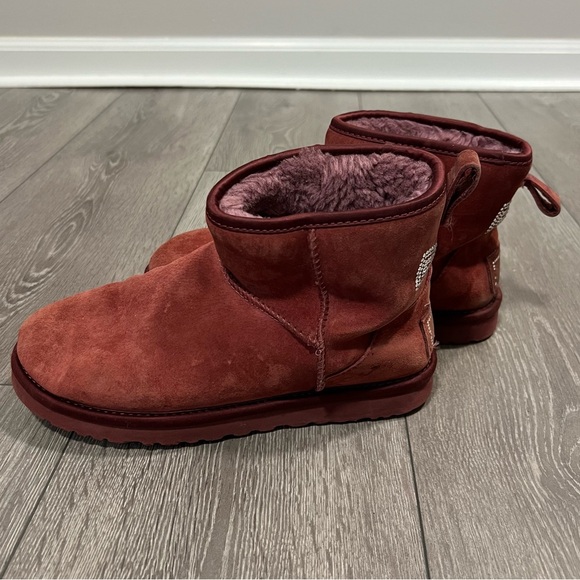 UGG Suede Swarovski Crystal Embellishments Mini Burgundy Sparkle Boots - Picture 5 of 10